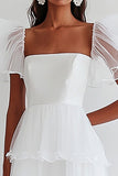 White Chiffon Tiered A Line Graduation Dress with Half Sleeves