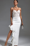 White Sheath Corset Lace Ruffled Prom Dress with Slit