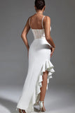 White Sheath Corset Lace Ruffled Prom Dress with Slit