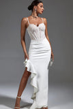 White Sheath Corset Lace Ruffled Prom Dress with Slit