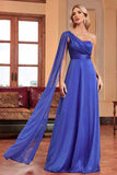 Royal Blue One Shoulder with Streamer A Line Ruched Long Prom Dress