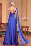 Royal Blue One Shoulder with Streamer A Line Ruched Long Prom Dress