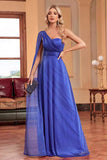 Royal Blue One Shoulder with Streamer A Line Ruched Long Prom Dress