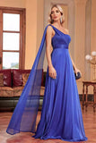 Royal Blue One Shoulder with Streamer A Line Ruched Long Prom Dress