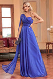 Royal Blue One Shoulder with Streamer A Line Ruched Long Prom Dress