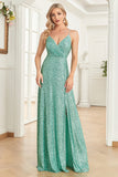 A Line Spaghetti Straps Sequin Mint Long Prom Dress with Slit