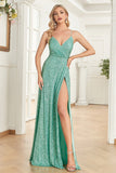 A Line Spaghetti Straps Sequin Mint Long Prom Dress with Slit