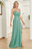 A Line Spaghetti Straps Sequin Mint Long Prom Dress with Slit