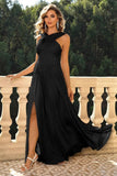 Black Criss Cross Straps A Line Long Prom Dress with Slit