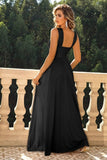 Black Criss Cross Straps A Line Long Prom Dress with Slit