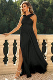 Black Criss Cross Straps A Line Long Prom Dress with Slit