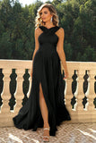 Black Criss Cross Straps A Line Long Prom Dress with Slit