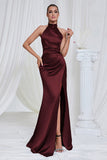 Mermaid Ruched Halter Pine Satin Prom Dress with Slit