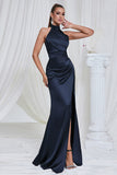 Mermaid Ruched Halter Pine Satin Prom Dress with Slit