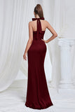 Mermaid Ruched Halter Pine Satin Prom Dress with Slit