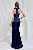 Mermaid Ruched Halter Pine Satin Prom Dress with Slit