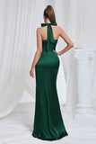 Mermaid Ruched Halter Pine Satin Prom Dress with Slit