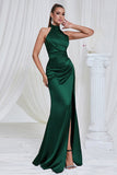 Mermaid Ruched Halter Pine Satin Prom Dress with Slit