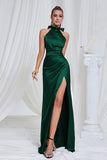 Mermaid Ruched Halter Pine Satin Prom Dress with Slit