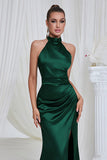 Mermaid Ruched Halter Pine Satin Prom Dress with Slit