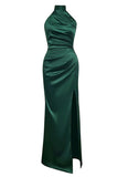 Mermaid Ruched Halter Pine Satin Prom Dress with Slit