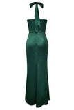 Mermaid Ruched Halter Pine Satin Prom Dress with Slit