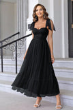 A Line Pleated Bow Spaghetti Straps Black Long Prom Dress