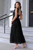 A Line Pleated Bow Spaghetti Straps Black Long Prom Dress