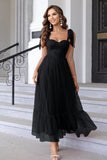 A Line Pleated Bow Spaghetti Straps Black Long Prom Dress