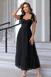 A Line Pleated Bow Spaghetti Straps Black Long Prom Dress