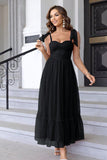 A Line Pleated Bow Spaghetti Straps Black Long Prom Dress