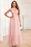 Spaghetti Straps Blush Pink Ruffles A Line Long Prom Dress