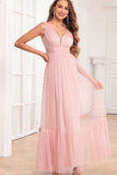 Spaghetti Straps Blush Pink Ruffles A Line Long Prom Dress