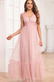 Spaghetti Straps Blush Pink Ruffles A Line Long Prom Dress