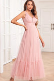 Spaghetti Straps Blush Pink Ruffles A Line Long Prom Dress