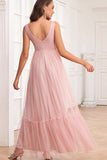 Spaghetti Straps Blush Pink Ruffles A Line Long Prom Dress