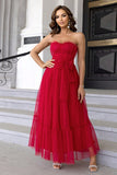 Pine Strapless Tulle Long A Line Ruffles Prom Dress