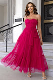 Pine Strapless Tulle Long A Line Ruffles Prom Dress