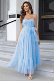 Pine Strapless Tulle Long A Line Ruffles Prom Dress