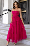 Pine Strapless Tulle Long A Line Ruffles Prom Dress