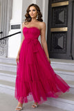 Pine Strapless Tulle Long A Line Ruffles Prom Dress