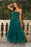 Pine Strapless Tulle Long A Line Ruffles Prom Dress