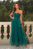 Pine Strapless Tulle Long A Line Ruffles Prom Dress