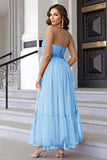 Pine Strapless Tulle Long A Line Ruffles Prom Dress