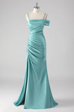 Blue Sheath Ruched Spaghetti Straps Long Prom Dress with Slit