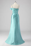 Blue Sheath Ruched Spaghetti Straps Long Prom Dress with Slit