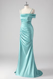 Blue Sheath Ruched Spaghetti Straps Long Prom Dress with Slit