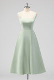 Sage Green Square Neck Satin A Line Tea Length Bridesmaid Dress