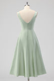 Sage Green Square Neck Satin A Line Tea Length Bridesmaid Dress