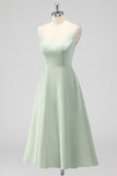 Sage Green Square Neck Satin A Line Tea Length Bridesmaid Dress